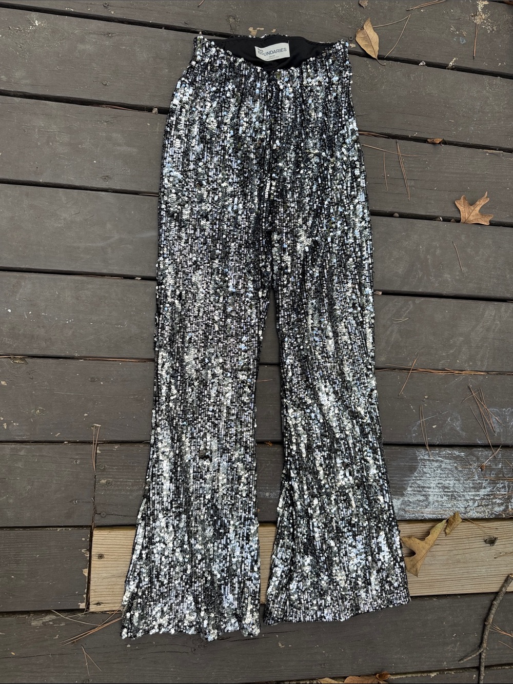 No Boundaries Silver and Black Sequin Boot-Cut Pants